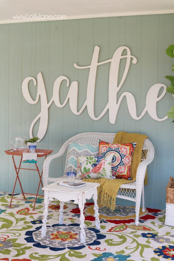 Love these affordable patio porch decor ideas! Add a neutral bench then fill it up with accessories for some easy decor ideas. Click through for inexpensive sources, so easy to create this back porch look!