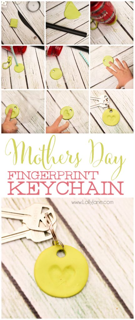 Simple Mothers Day clay fingerprint keychain! Love how the little fingers made a heart shape. Cute! via lollyjane.com