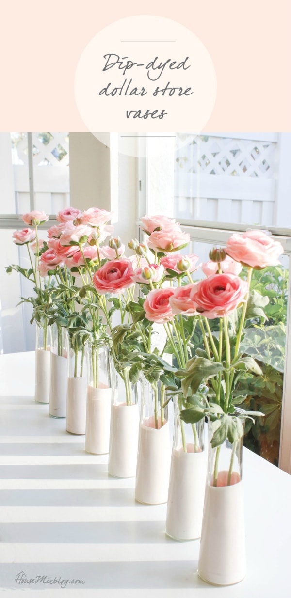 These DIY Dollar Store Dipped Vases from were created with just 3 items: a glass vase, a flower + paint! Such easy Valentines Day decor on a budget! #dollarstorecraft #dollarstoredecor #holidaydecor #dollarstorevalentinesday #valentinesdaydecor