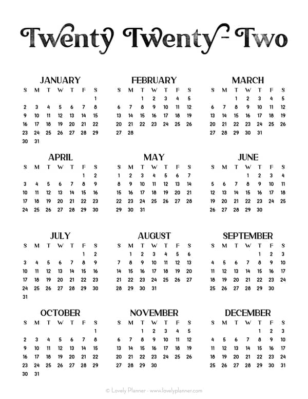 Free Calendar 2022 Printable One Page