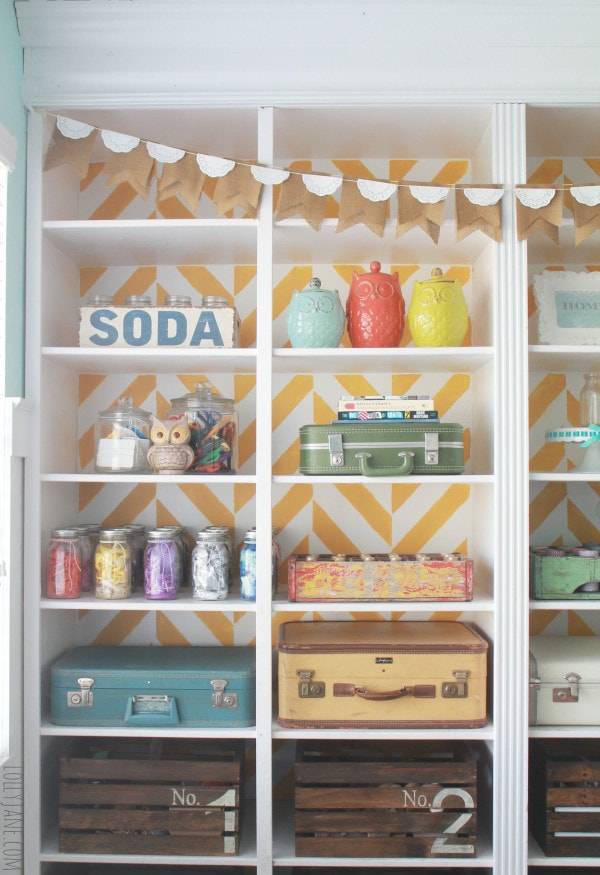 How to Stencil a Herringbone Bookcase | Craft Room Makeover