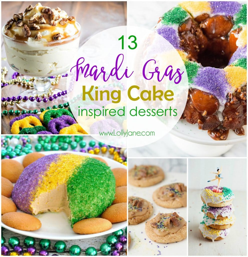 13 Mardi Gras King Cake inspired desserts! Get festive with these colorful and yummy desserts in honor of Mardi Gras, party!!