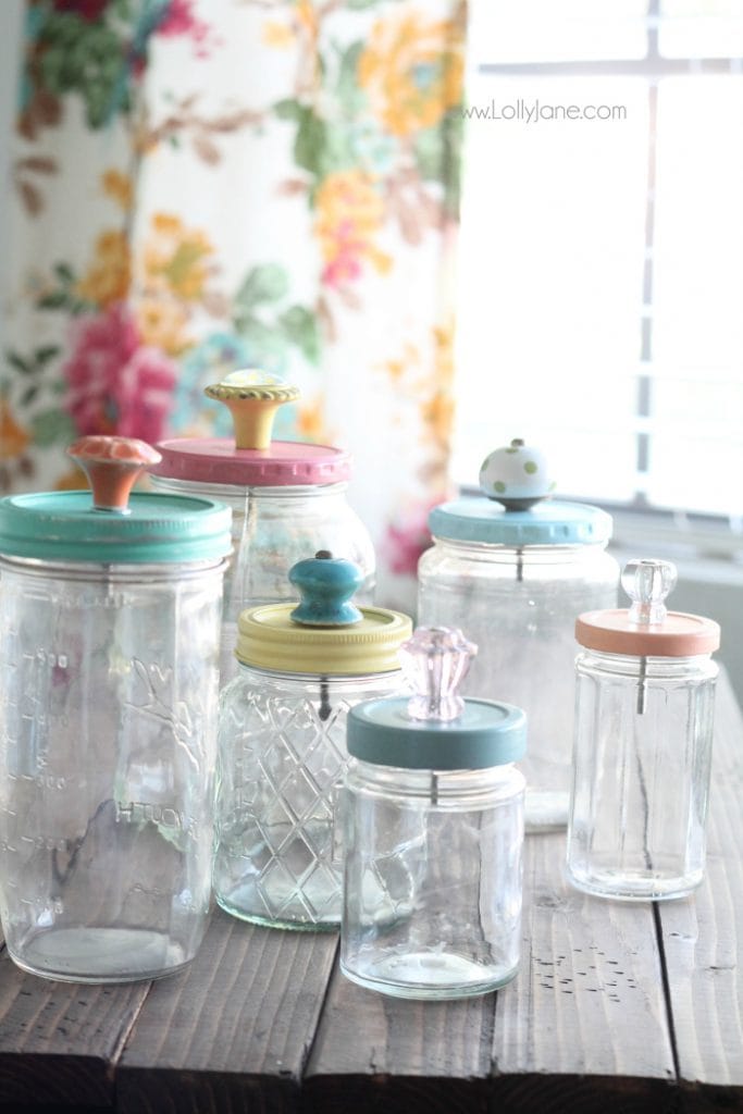 upcycled mason jar with pretty glass knob tops