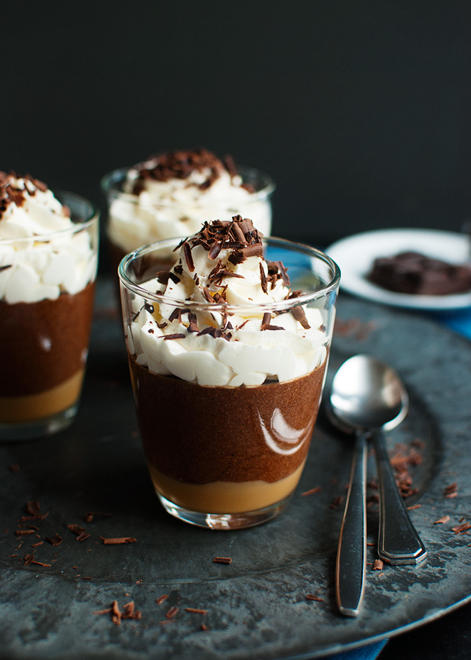 Salted Caramel Chocolate Mousse - A layer of salted caramel topped with a delicious dark chocolate mousse. The best! | thetoughcookie.com