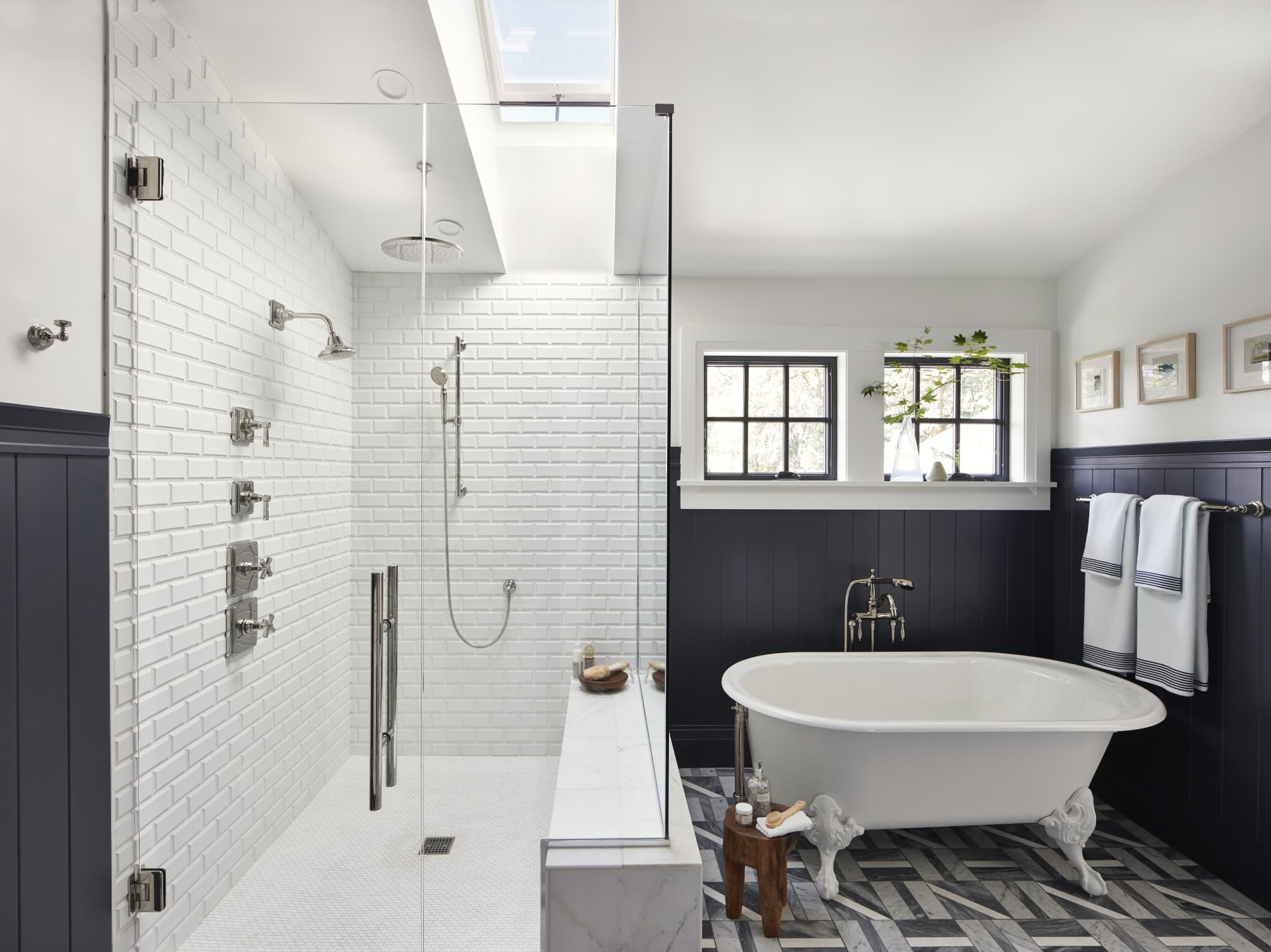 Dreamy Modern Farmhouse Style Bathroom... that subway tile/skylight combo is DREAMY! #vintage #farmhousebathroom #bathroomreno #fixerupper